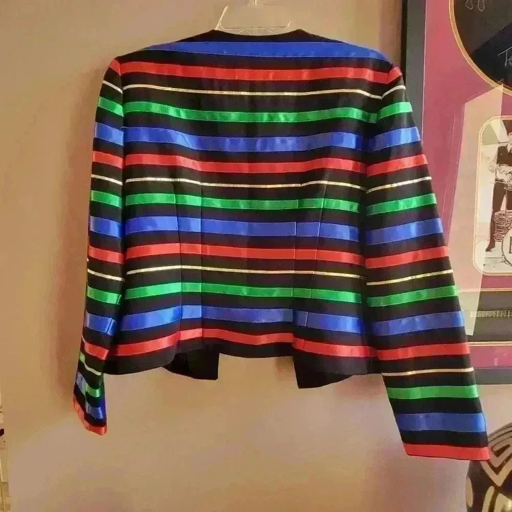 MAGGY LONDON Blazer Waist Jacket Size 14 Silky Rainbow Stripe Padded VTG - Picture 15 of 16